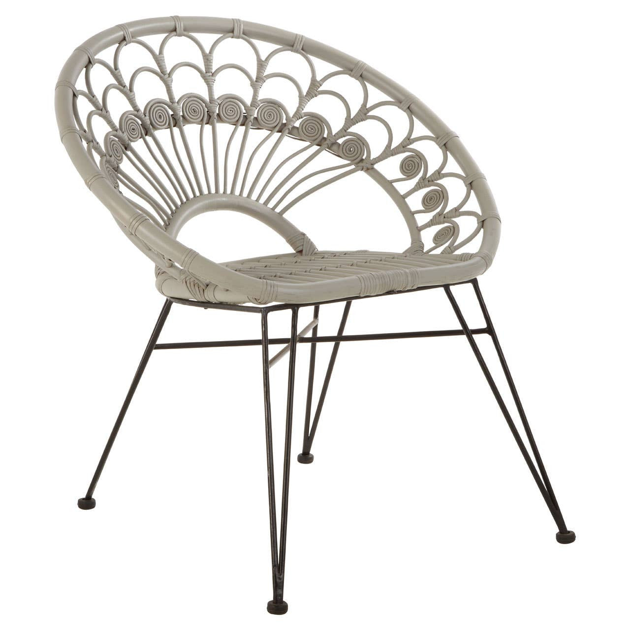 A grey natural rattan chair with a curved backrest featuring a fan-like design, supported by slender black metal legs. The seat is cushioned for comfort, and the overall style is modern and airy, suitable for indoor or outdoor use