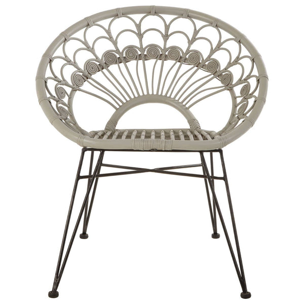 A grey natural rattan chair with a curved backrest featuring a fan-like design, supported by slender black metal legs. The chair has a minimalist and modern aesthetic, suitable for indoor or outdoor use
