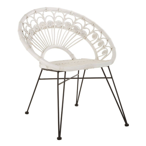 A white natural rattan chair with a circular backrest featuring a fan-like design, supported by slender metal legs. The seat is round and cushioned, providing a modern and stylish look suitable for home decor