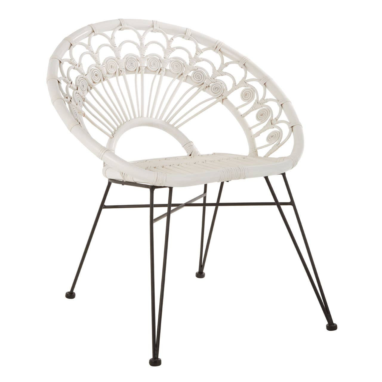A white natural rattan chair with a circular backrest featuring a fan-like design, supported by slender metal legs. The seat is round and cushioned, providing a modern and stylish look suitable for home decor