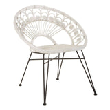 A white natural rattan chair with a circular backrest featuring a fan-like design, supported by slender metal legs. The seat is round and cushioned, providing a modern and stylish look suitable for home decor