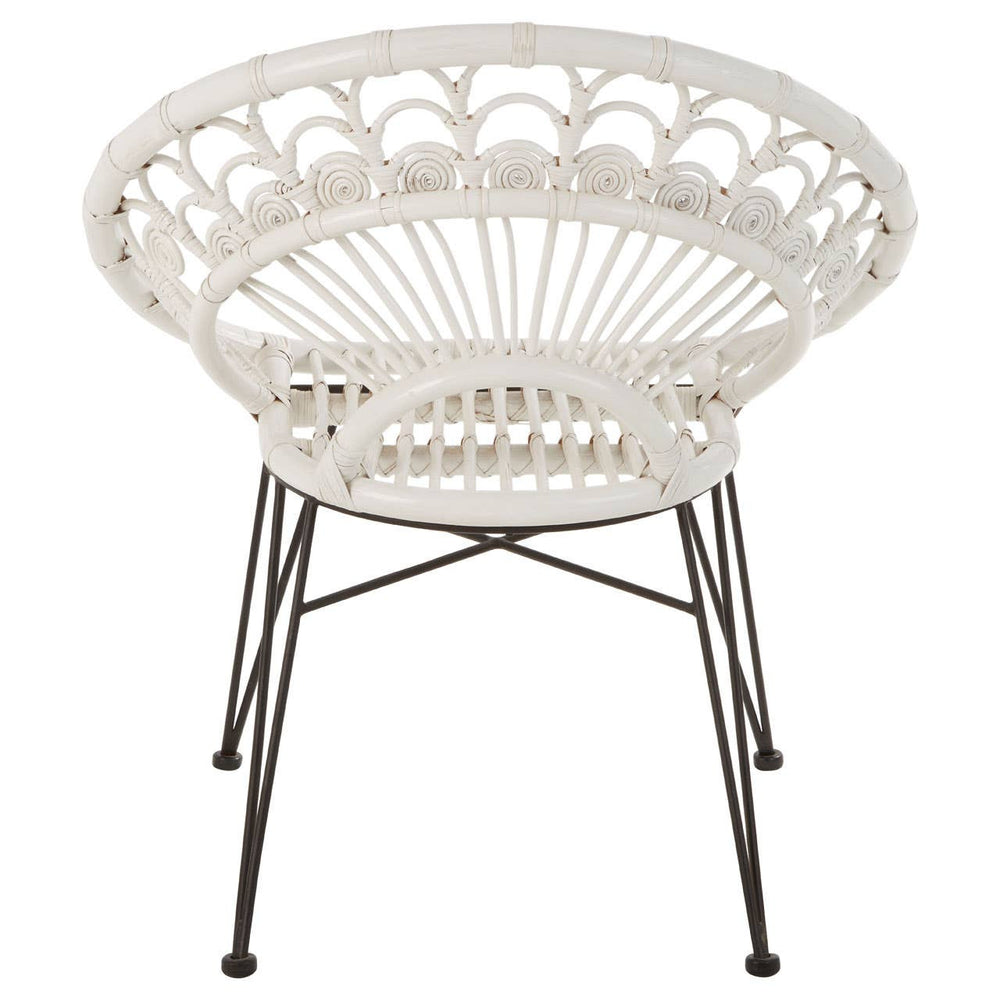 A round white rattan chair with a natural woven design, featuring a curved backrest and metal legs. The chair has a light, airy appearance, suitable for indoor or outdoor use