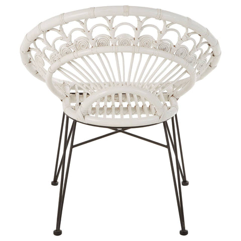A round white rattan chair with a natural woven design, featuring a curved backrest and metal legs. The chair has a light, airy appearance, suitable for indoor or outdoor use