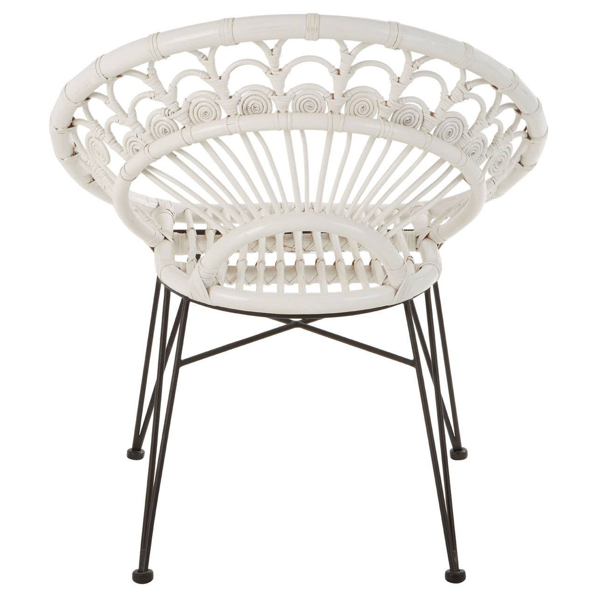 A round white rattan chair with a natural woven design, featuring a curved backrest and metal legs. The chair has a light, airy appearance, suitable for indoor or outdoor use