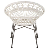 A round white rattan chair with a natural woven design, featuring a curved backrest and metal legs. The chair has a light, airy appearance, suitable for indoor or outdoor use