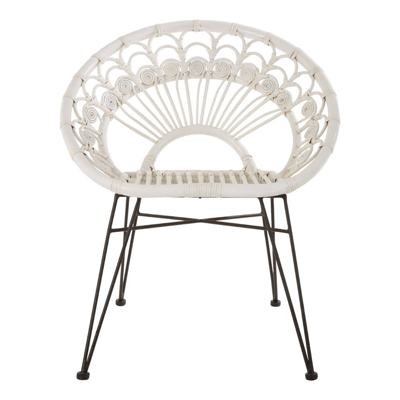 A white natural rattan chair with a circular backrest featuring a fan-like design, supported by slender black metal legs. The chair has a minimalist and modern aesthetic, suitable for various home decor styles