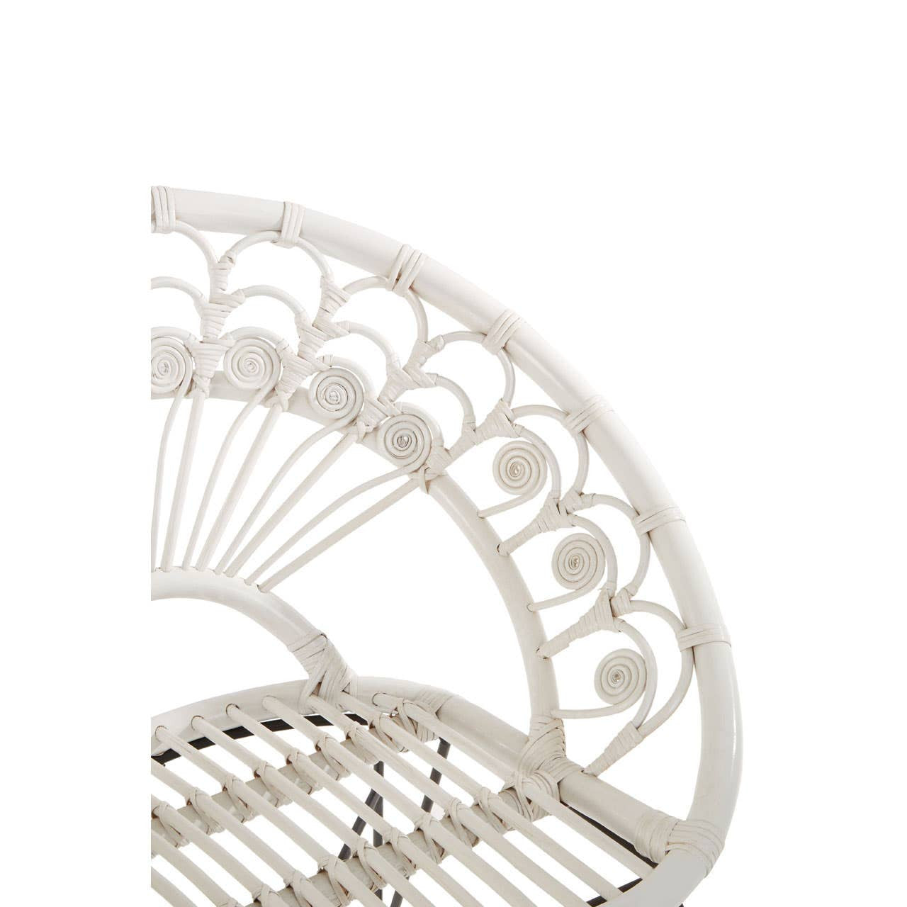 A close-up view of the Manado White Natural Rattan Chair, showcasing its intricate woven design and curved backrest. The chair features a light, natural color with a smooth finish, highlighting the craftsmanship of the rattan material. The seat is spacious and open, emphasizing a relaxed and airy aesthetic