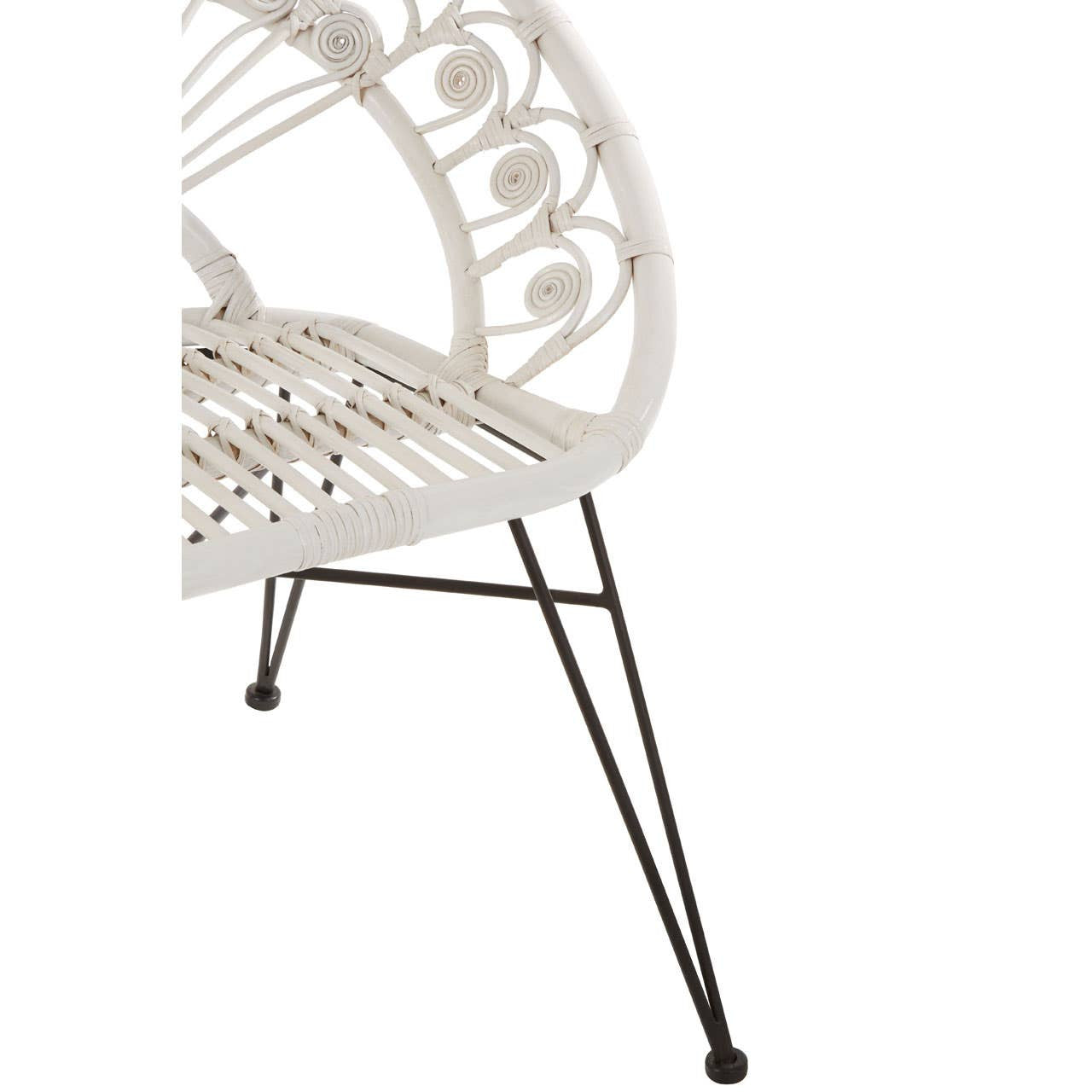 A white natural rattan chair featuring a circular backrest with a woven design and slender black metal legs. The chair has a modern and airy aesthetic, suitable for indoor or outdoor use