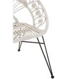 A white natural rattan chair featuring a circular backrest with a woven design and slender black metal legs. The chair has a modern and airy aesthetic, suitable for indoor or outdoor use