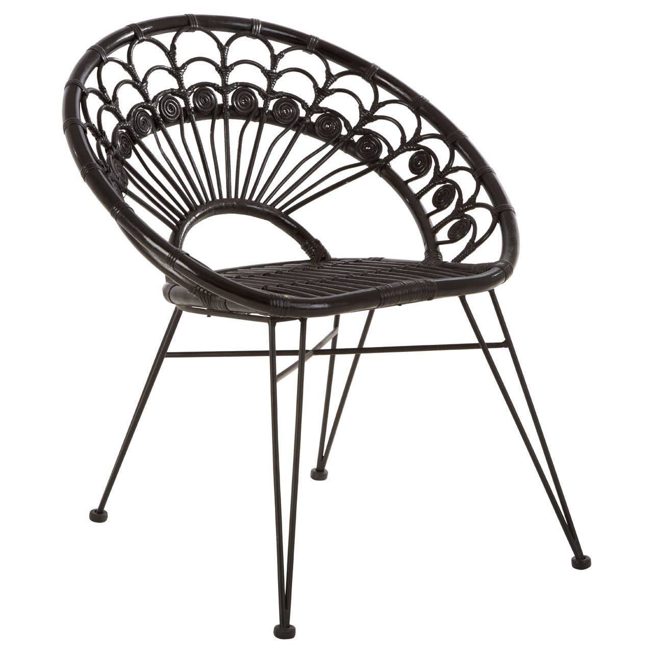 A black natural rattan chair with a curved backrest featuring a fan-like design, supported by slender metal legs. The seat is round and open, showcasing the intricate weaving of the rattan material