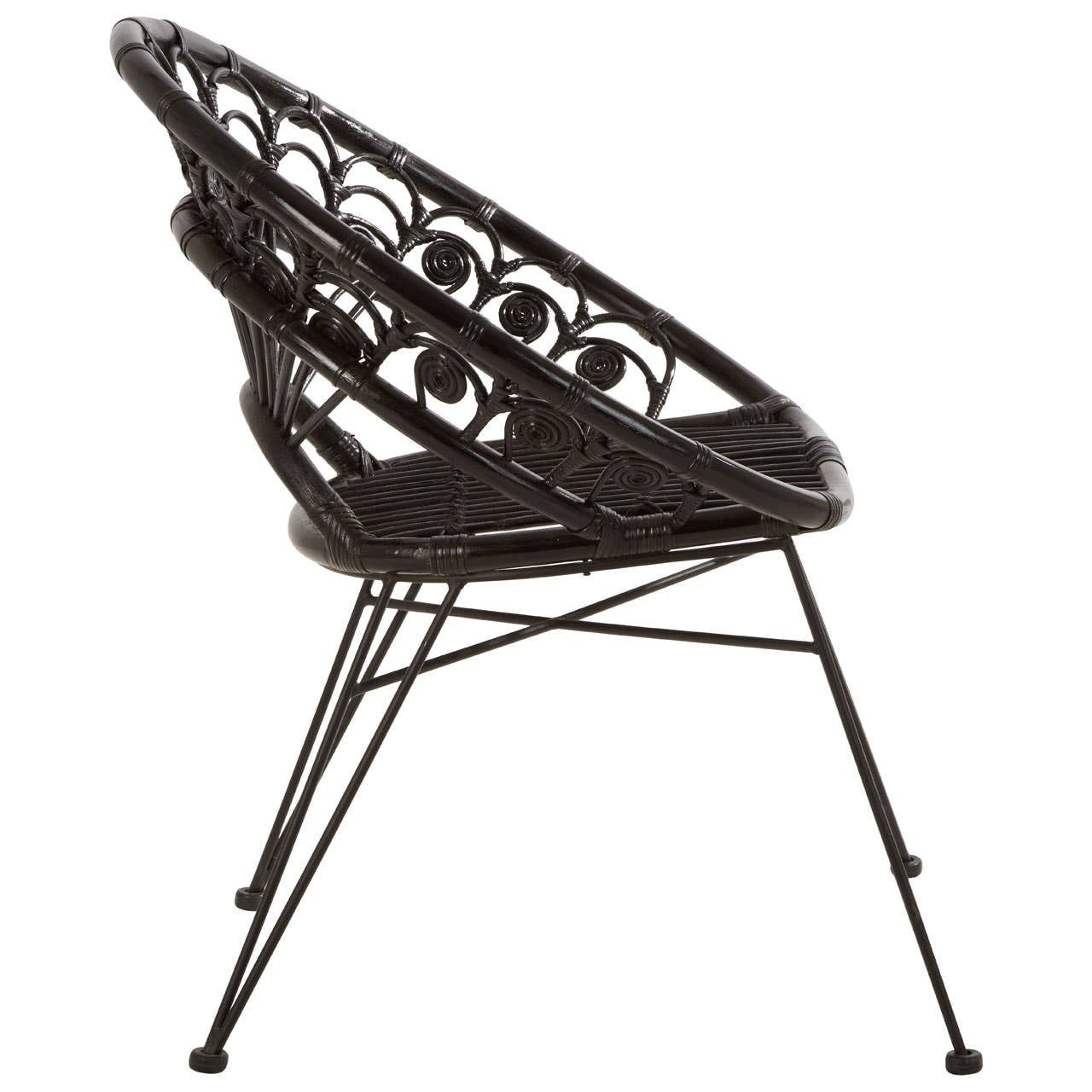 Black natural rattan chair with a circular, open-weave design and slender metal legs, showcasing a modern and stylish silhouette. The chair features a comfortable, curved seat that invites relaxation