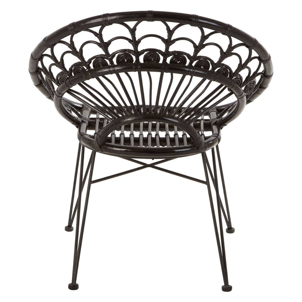 A round black rattan chair with a natural finish, featuring a woven design and slender metal legs, showcasing a modern and stylish look suitable for home decor