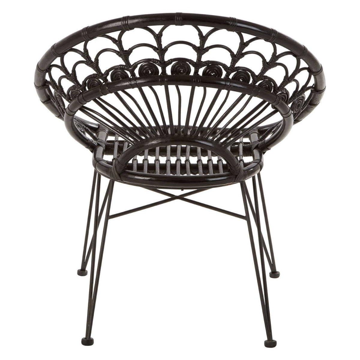 A round black rattan chair with a natural finish, featuring a woven design and slender metal legs, showcasing a modern and stylish look suitable for home decor