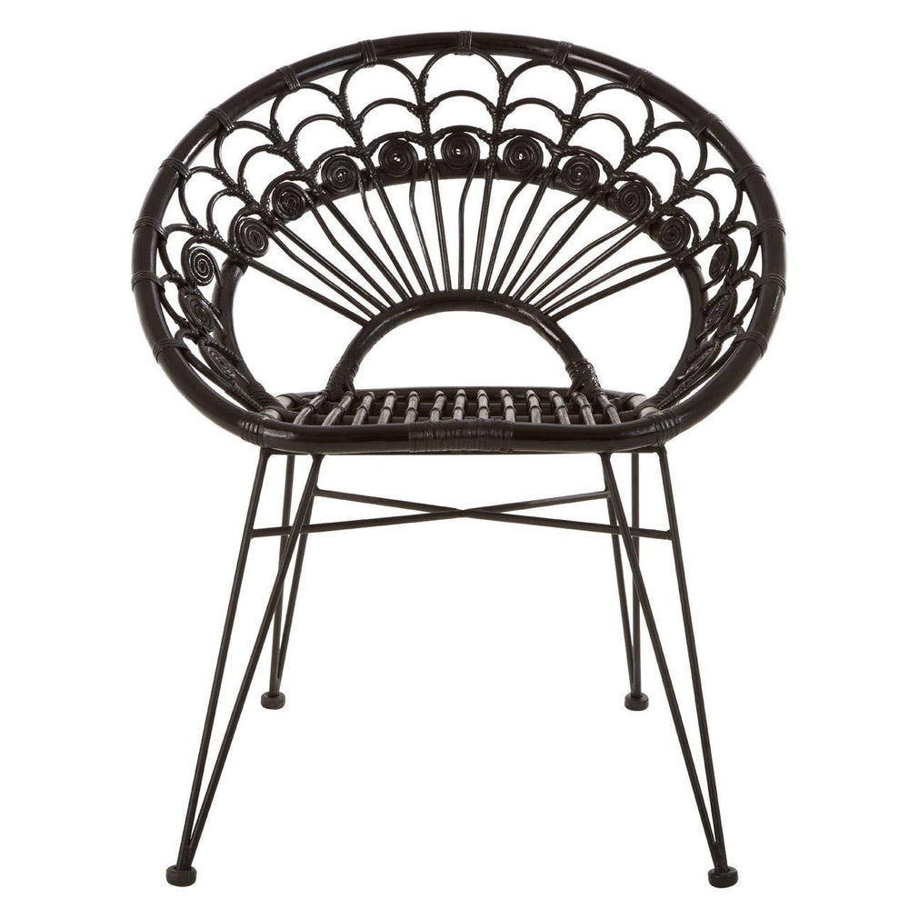 A black natural rattan chair with a rounded backrest featuring a fan-like design, supported by slender metal legs. The chair has a woven texture and a minimalist style, suitable for indoor or outdoor use
