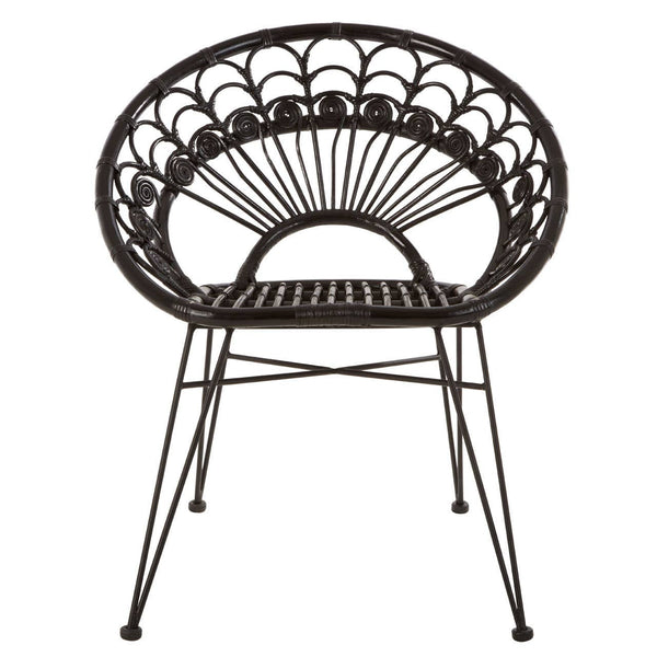 A black natural rattan chair with a rounded backrest featuring a fan-like design, supported by slender metal legs. The chair has a woven texture and a minimalist style, suitable for indoor or outdoor use