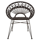 A black natural rattan chair with a rounded backrest featuring a fan-like design, supported by slender metal legs. The chair has a woven texture and a minimalist style, suitable for indoor or outdoor use