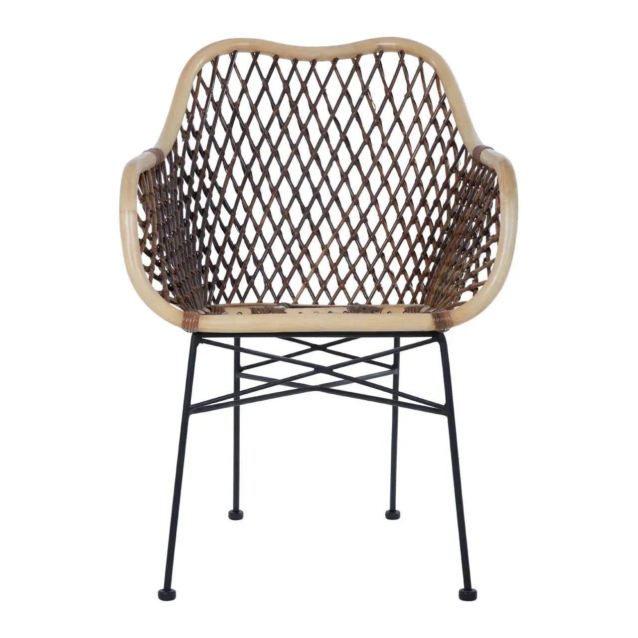 Rattan dining chair with curved backrest and black metal legs, front view