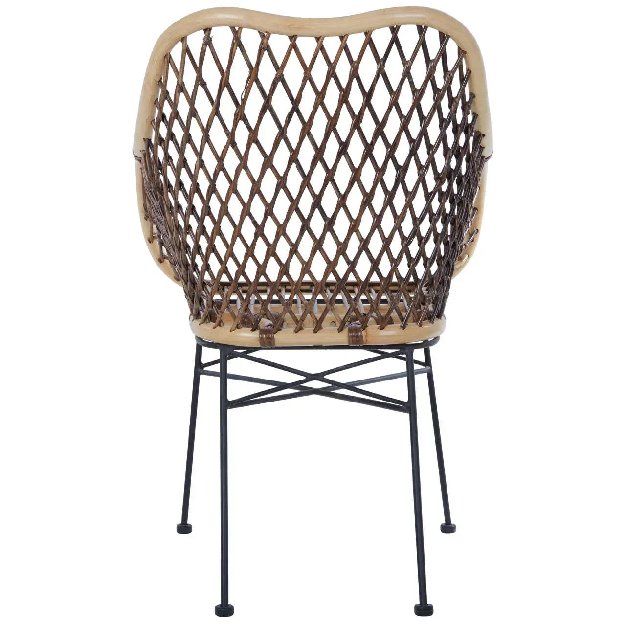 Back view of rattan dining chair with curved woven seat and black metal legs