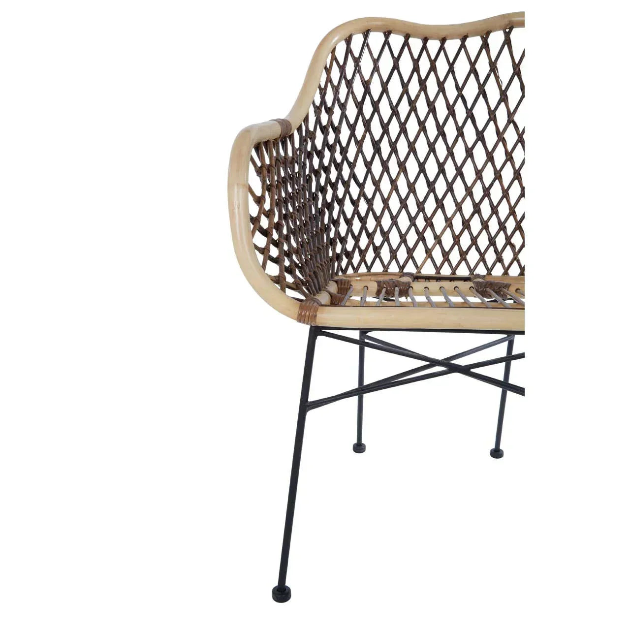 Rattan accent chair with woven backrest and black metal legs, partial side view