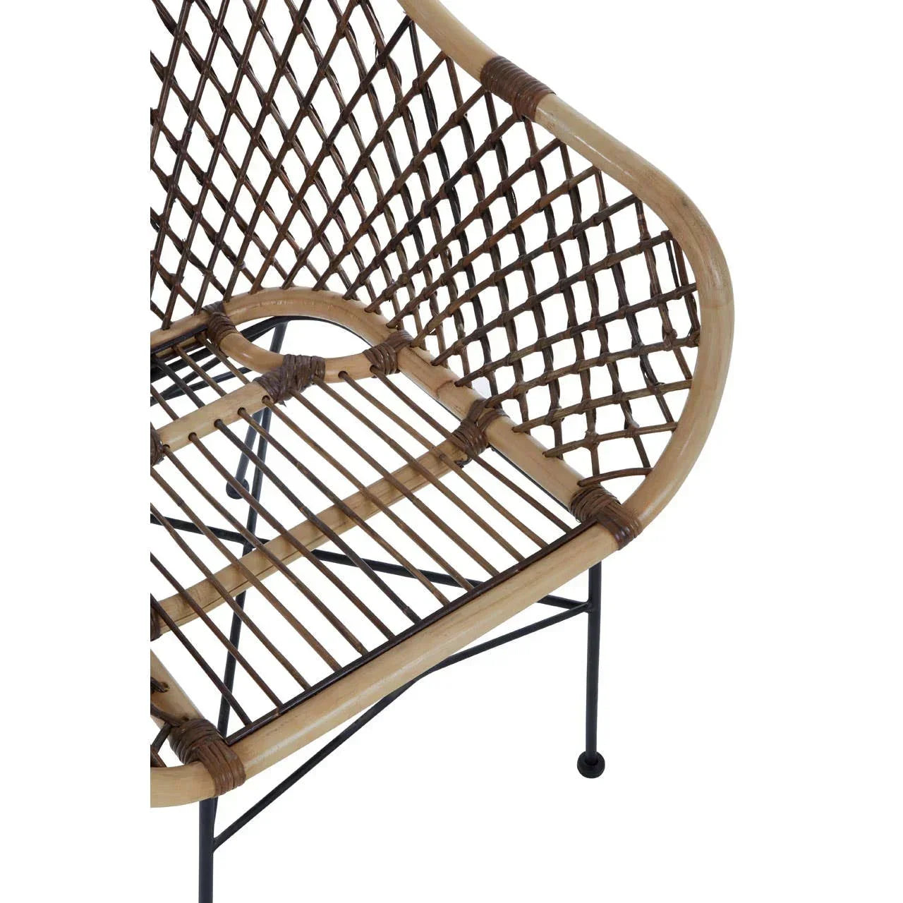Closeup of rattan accent chair with black metal legs and woven backrest detail
