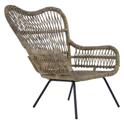 Natural rattan chair with a curved backrest and open weave design, supported by sleek black metal legs, showcasing a blend of modern and bohemian styles