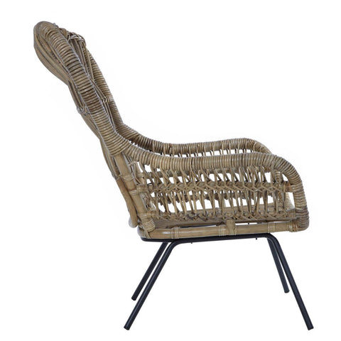 Natural rattan chair with a curved backrest and open weave design, supported by sleek black metal legs, showcasing a modern and stylish aesthetic suitable for home decor