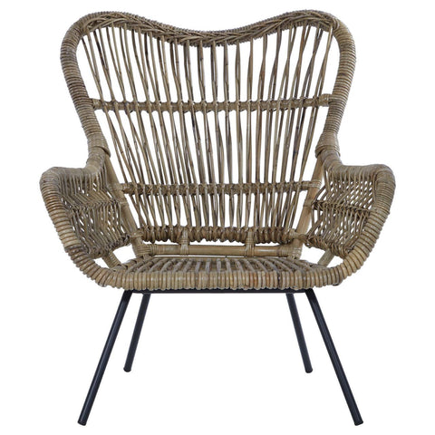 Natural rattan chair with a curved backrest and wide armrests, featuring a woven design and supported by sleek black metal legs. The chair showcases a light brown color, highlighting the texture of the rattan material