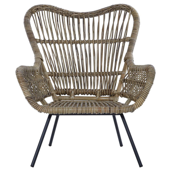 Natural rattan chair with a curved backrest and wide armrests, featuring a woven design and supported by sleek black metal legs. The chair showcases a light brown color, highlighting the texture of the rattan material