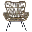 Natural rattan chair with a curved backrest and wide armrests, featuring a woven design and supported by sleek black metal legs. The chair showcases a light brown color, highlighting the texture of the rattan material