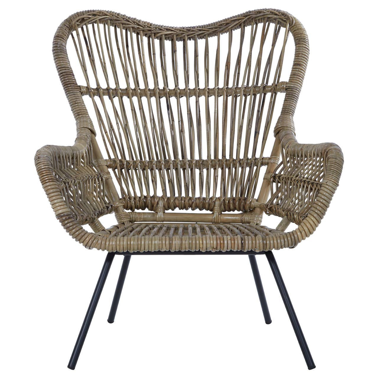 Natural rattan chair with a curved backrest and wide armrests, featuring a woven design and supported by sleek black metal legs. The chair showcases a light brown color, highlighting the texture of the rattan material