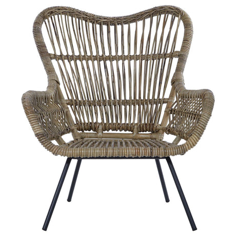 Natural rattan chair with a curved backrest and wide armrests, featuring a woven design and supported by sleek black metal legs. The chair showcases a light brown color, highlighting the texture of the rattan material
