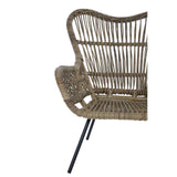 Natural rattan chair with a curved backrest and open weave design, featuring a light brown color and black metal legs for support. The chair has a unique, organic shape that adds a stylish touch to home decor