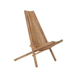 A wooden lounge chair with a tall, slanted backrest and a wide seat, featuring a natural wood finish and a minimalist design. The chair has a sturdy frame with crossed legs for stability, showcasing a contemporary style suitable for indoor or outdoor use