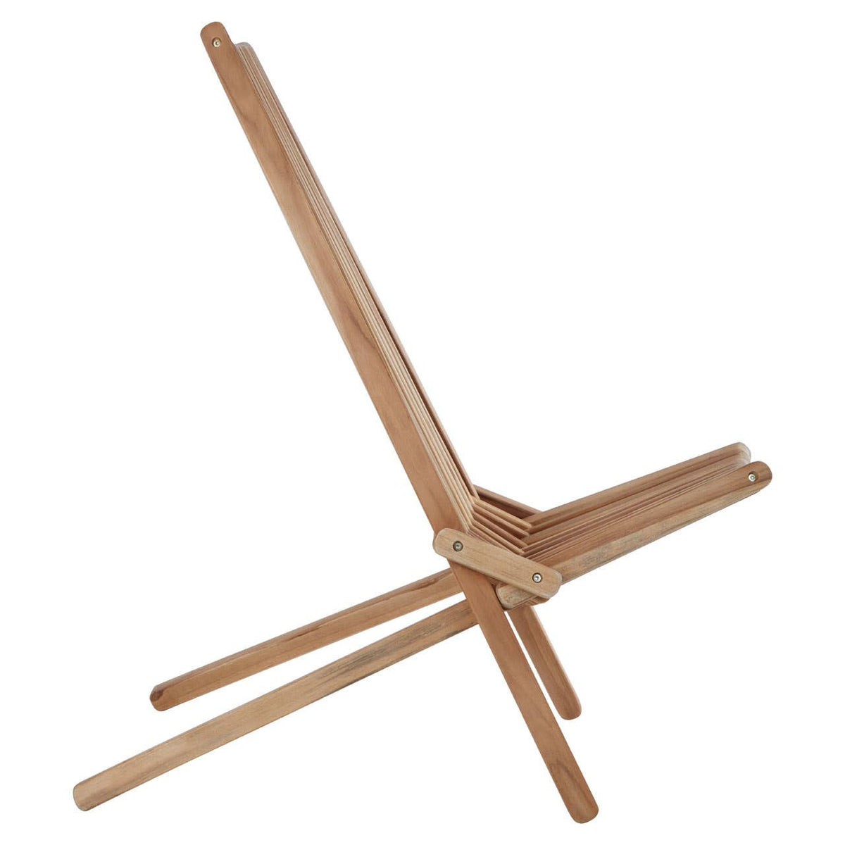 A wooden lounge chair with a minimalist design, featuring a light wood finish, angled backrest, and three sturdy legs for support. The chair is positioned in a way that highlights its unique structure and clean lines