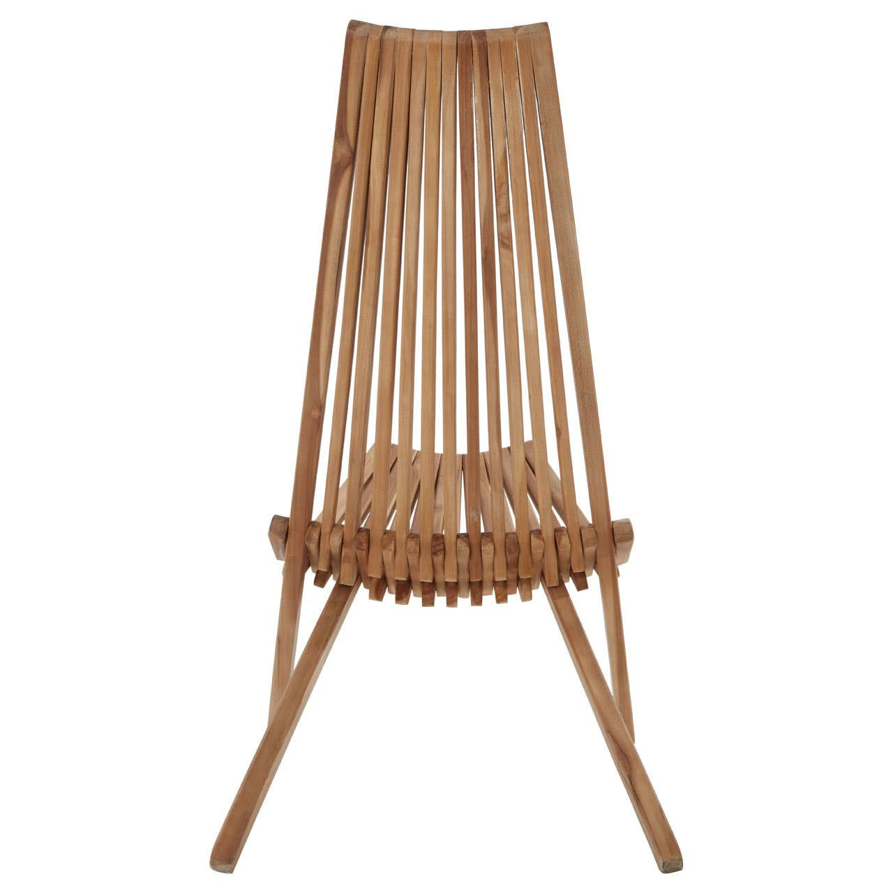 A tall, wooden lounge chair with a slatted backrest and seat, featuring a natural wood finish. The chair has a unique design with angled legs and a curved seat, emphasizing a modern and minimalist aesthetic