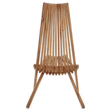 A tall, wooden lounge chair with a slatted backrest and seat, featuring a natural wood finish. The chair has a unique design with angled legs and a curved seat, emphasizing a modern and minimalist aesthetic