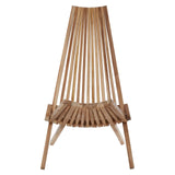 A wooden lounge chair with a tall, slatted backrest and a curved seat, featuring four tapered legs and a natural wood finish. The design emphasizes a minimalist aesthetic with clean lines and a contemporary look