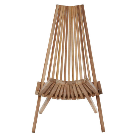 A wooden lounge chair with a tall, slatted backrest and a curved seat, featuring four tapered legs and a natural wood finish. The design emphasizes a minimalist aesthetic with clean lines and a contemporary look