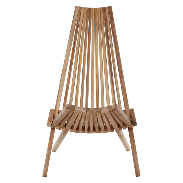 A wooden lounge chair with a tall, slatted backrest and a curved seat, featuring four tapered legs and a natural wood finish. The design emphasizes a minimalist aesthetic with clean lines and a contemporary look
