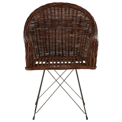 Natural croco rattan chair featuring a rounded backrest and a woven design, supported by sleek metal legs in a geometric arrangement. The chair showcases a rich brown color, highlighting the texture of the rattan material