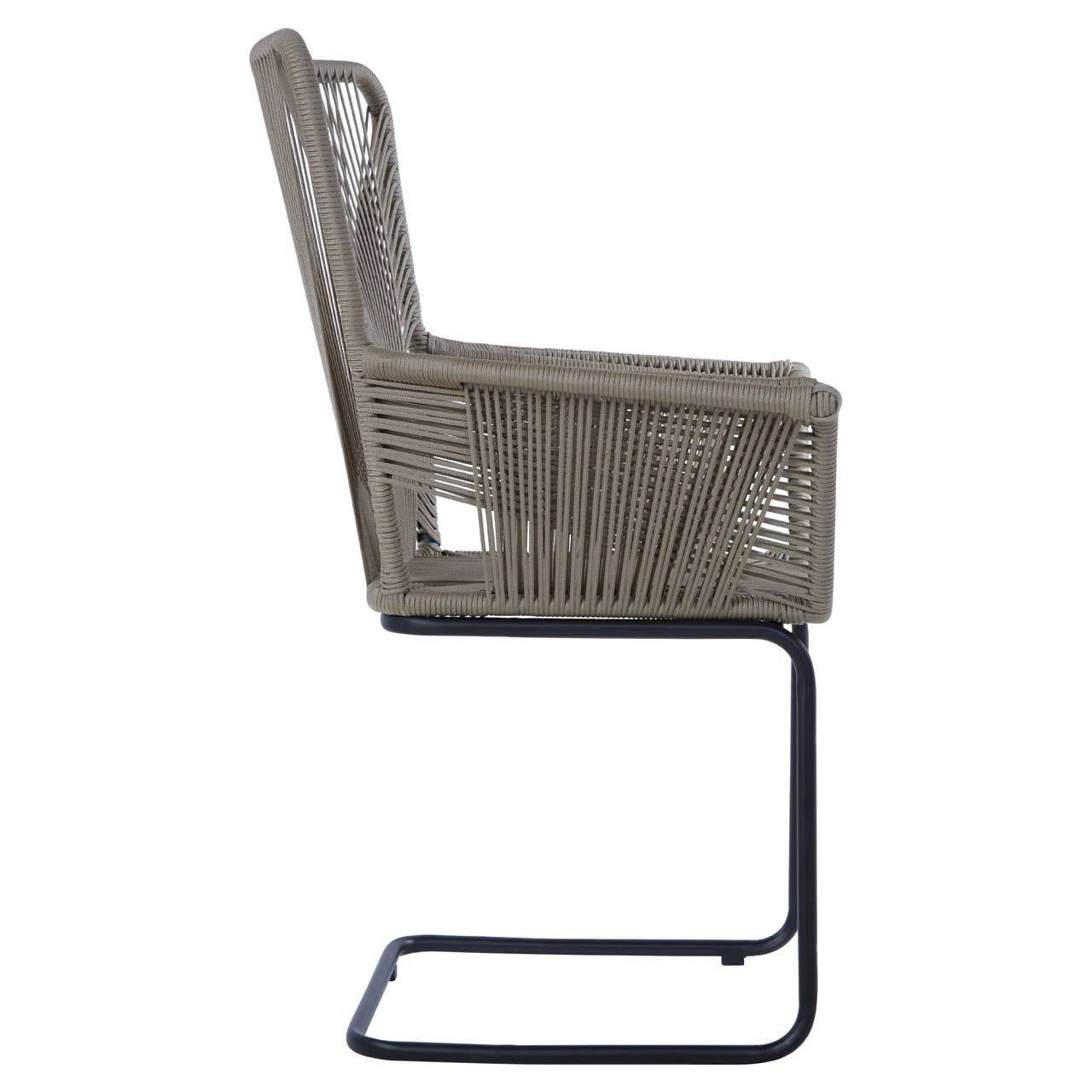 Side view of the Manado Rattan Effect Chair featuring a woven rattan design in a neutral color, supported by a sleek black metal frame. The chair has a high backrest and armrests, showcasing a modern and stylish aesthetic suitable for home decor