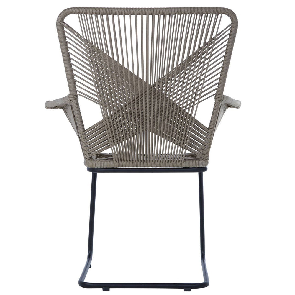 A stylish chair featuring a rattan effect design with a geometric pattern, supported by a sleek metal frame. The chair has armrests and a modern, open back, showcasing a neutral color palette that complements various decor styles
