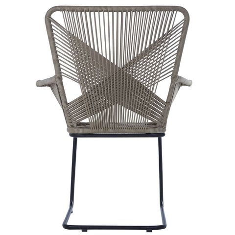 A stylish chair featuring a rattan effect design with a geometric pattern, supported by a sleek metal frame. The chair has armrests and a modern, open back, showcasing a neutral color palette that complements various decor styles