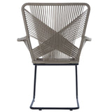 A stylish chair featuring a rattan effect design with a geometric pattern, supported by a sleek metal frame. The chair has armrests and a modern, open back, showcasing a neutral color palette that complements various decor styles