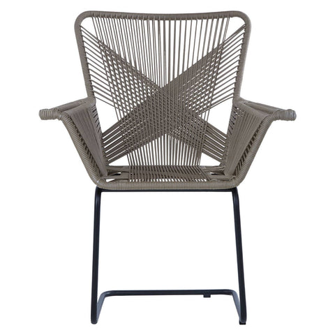 A stylish chair featuring a rattan effect design with a geometric pattern on the backrest, supported by a sleek black metal frame. The chair has wide armrests and a modern, open structure, suitable for both indoor and outdoor settings