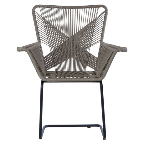 A stylish chair featuring a rattan effect design with a geometric pattern on the backrest, supported by a sleek black metal frame. The chair has wide armrests and a modern, open structure, suitable for both indoor and outdoor settings