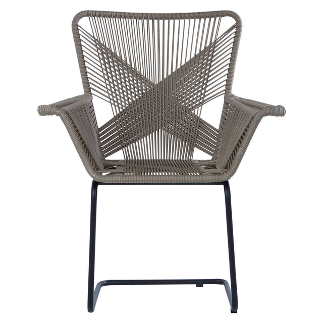 A stylish chair featuring a rattan effect design with a geometric pattern on the backrest, supported by a sleek black metal frame. The chair has wide armrests and a modern, open structure, suitable for both indoor and outdoor settings