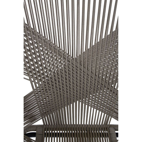 A close-up view of the Manado Rattan Effect Chair showcasing its intricate woven design, featuring a crisscross pattern of light and dark tones that create a modern and stylish appearance. The chair's structure highlights the rattan effect material, emphasizing its texture and contemporary aesthetic