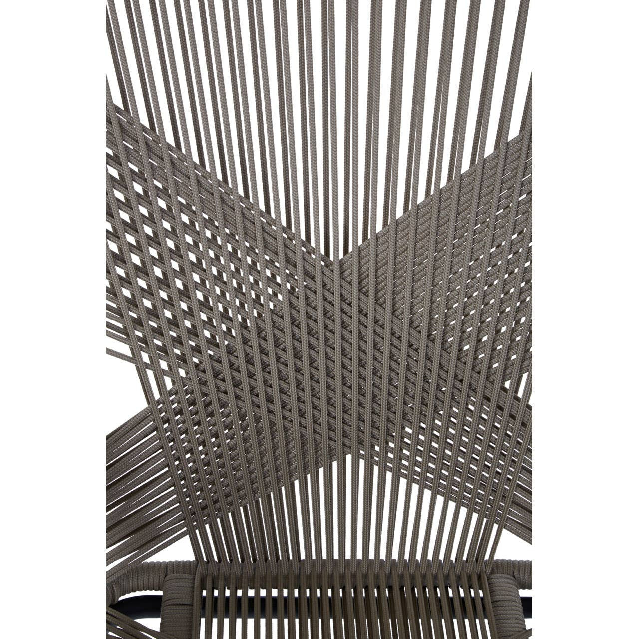 A close-up view of the Manado Rattan Effect Chair showcasing its intricate woven design, featuring a crisscross pattern of light and dark tones that create a modern and stylish appearance. The chair's structure highlights the rattan effect material, emphasizing its texture and contemporary aesthetic