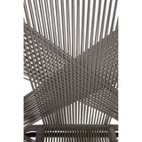 A close-up view of the Manado Rattan Effect Chair showcasing its intricate woven design, featuring a crisscross pattern of light and dark tones that create a modern and stylish appearance. The chair's structure highlights the rattan effect material, emphasizing its texture and contemporary aesthetic